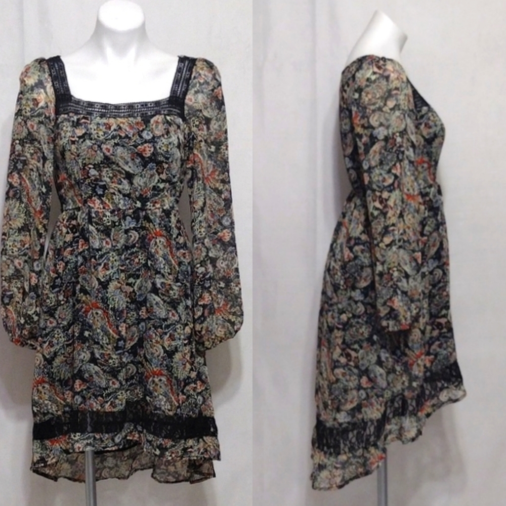 Band of Gypsies Romantic Boho Floral Puff Sleeve Chiffon High Low Dress Medium